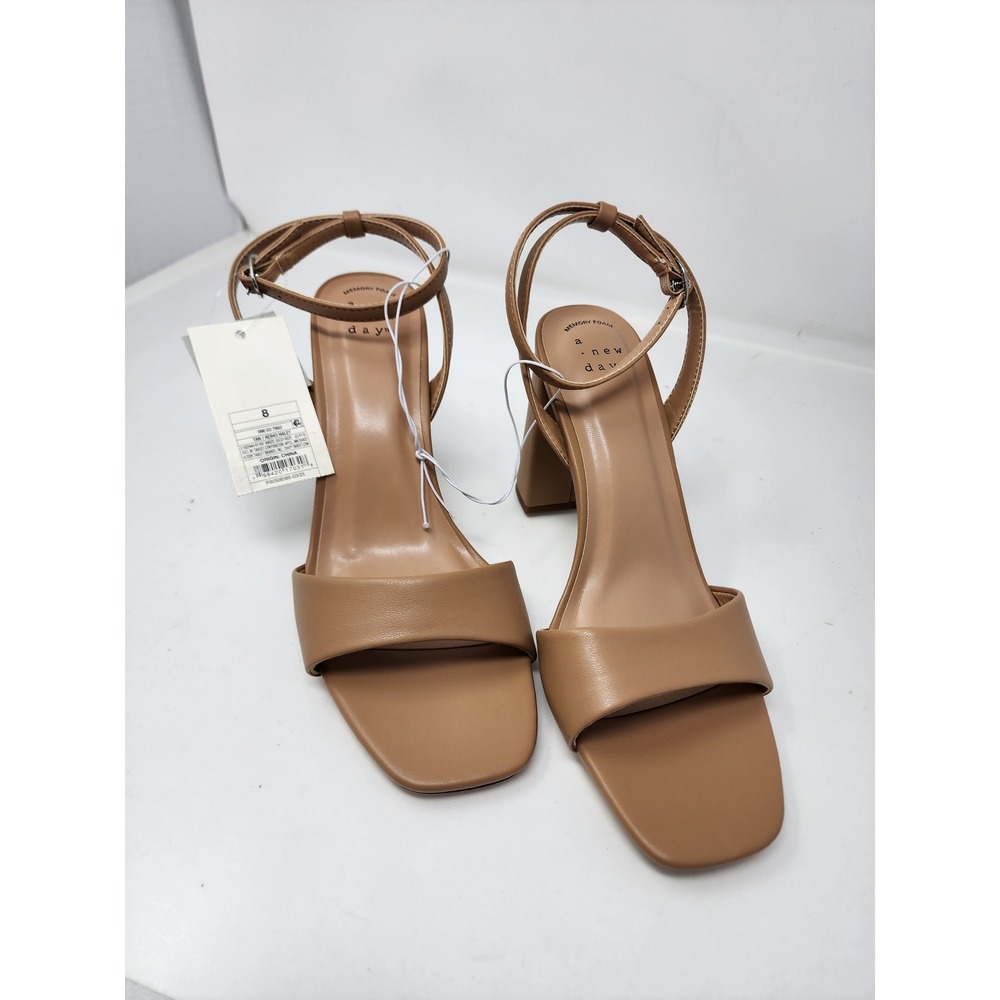 A New Day Womens Square Toe Block Heel Sandals Tan Faux Leather Size 8